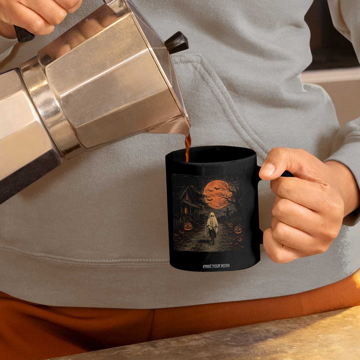 Halloween Spooky Ghost Biking Coffee Mug Vintage Ghost Riding Bicycle Gothic Moonlit Pumpkin Autumn Graphic