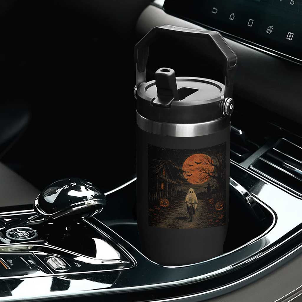 Halloween Spooky Ghost Biking Flip Straw Tumbler Vintage Ghost Riding Bicycle Gothic Moonlit Pumpkin Autumn Graphic