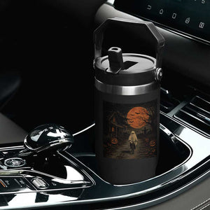 Halloween Spooky Ghost Biking Flip Straw Tumbler Vintage Ghost Riding Bicycle Gothic Moonlit Pumpkin Autumn Graphic