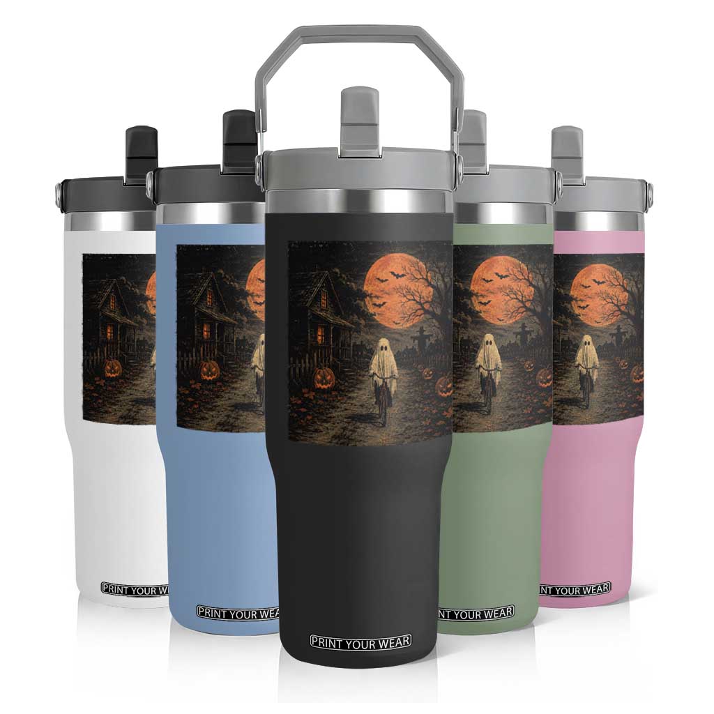 Halloween Spooky Ghost Biking Flip Straw Tumbler Vintage Ghost Riding Bicycle Gothic Moonlit Pumpkin Autumn Graphic