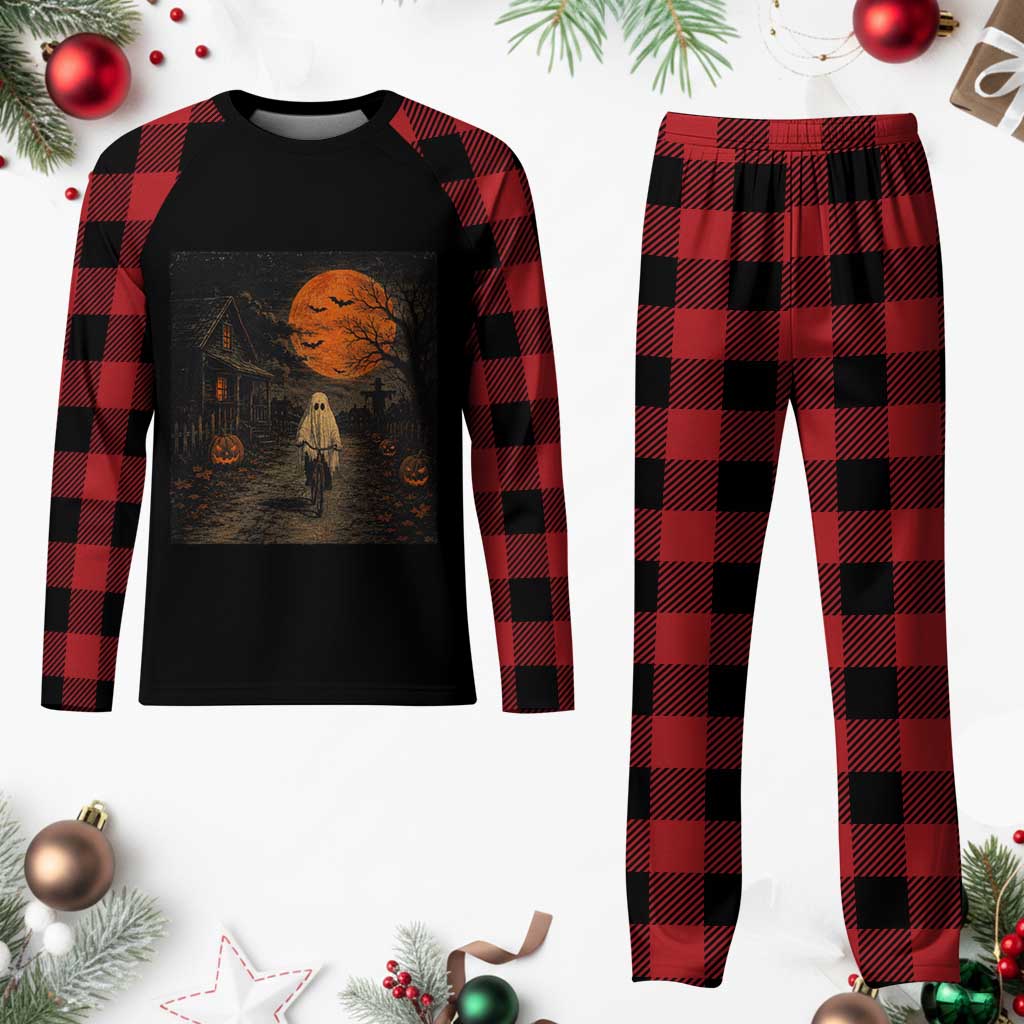 Halloween Spooky Ghost Biking Plaid Pajama Set Vintage Ghost Riding Bicycle Gothic Moonlit Pumpkin Autumn Graphic TS10 Buffalo Plaid Print Your Wear