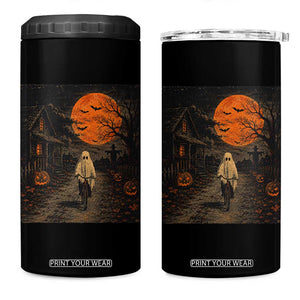 Halloween Spooky Ghost Biking 4 in 1 Can Cooler Tumbler Vintage Ghost Riding Bicycle Gothic Moonlit Pumpkin Autumn Graphic