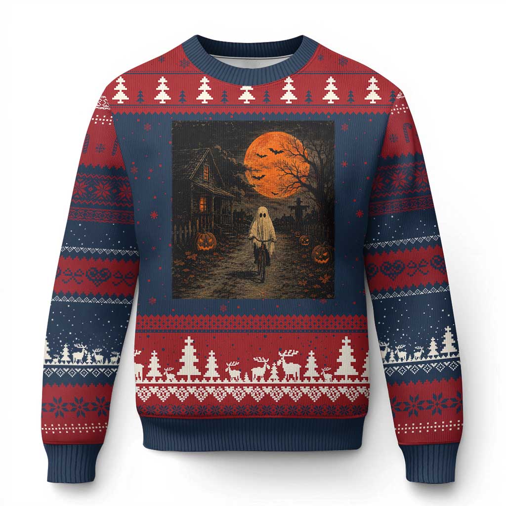 Halloween Spooky Ghost Biking Ugly Christmas Sweater Vintage Ghost Riding Bicycle Gothic Moonlit Pumpkin Autumn Graphic TS10 Navy Red Print Your Wear