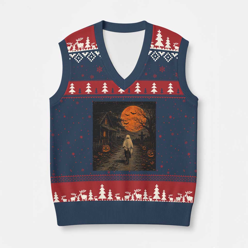 Halloween Spooky Ghost Biking V-Neck Knit Sweater Vest Vintage Ghost Riding Bicycle Gothic Moonlit Pumpkin Autumn Graphic TS10 Navy Red Print Your Wear