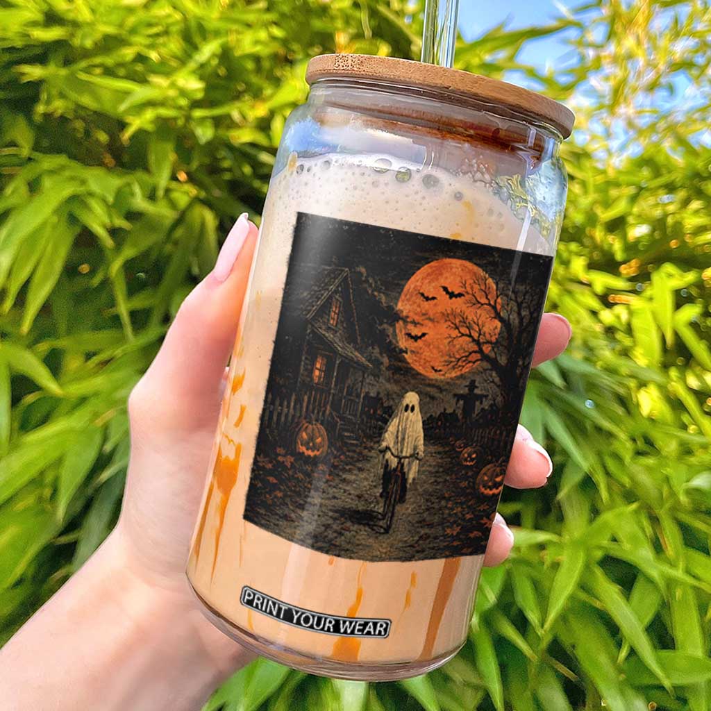 Halloween Spooky Ghost Biking Glass Can Vintage Ghost Riding Bicycle Gothic Moonlit Pumpkin Autumn Graphic