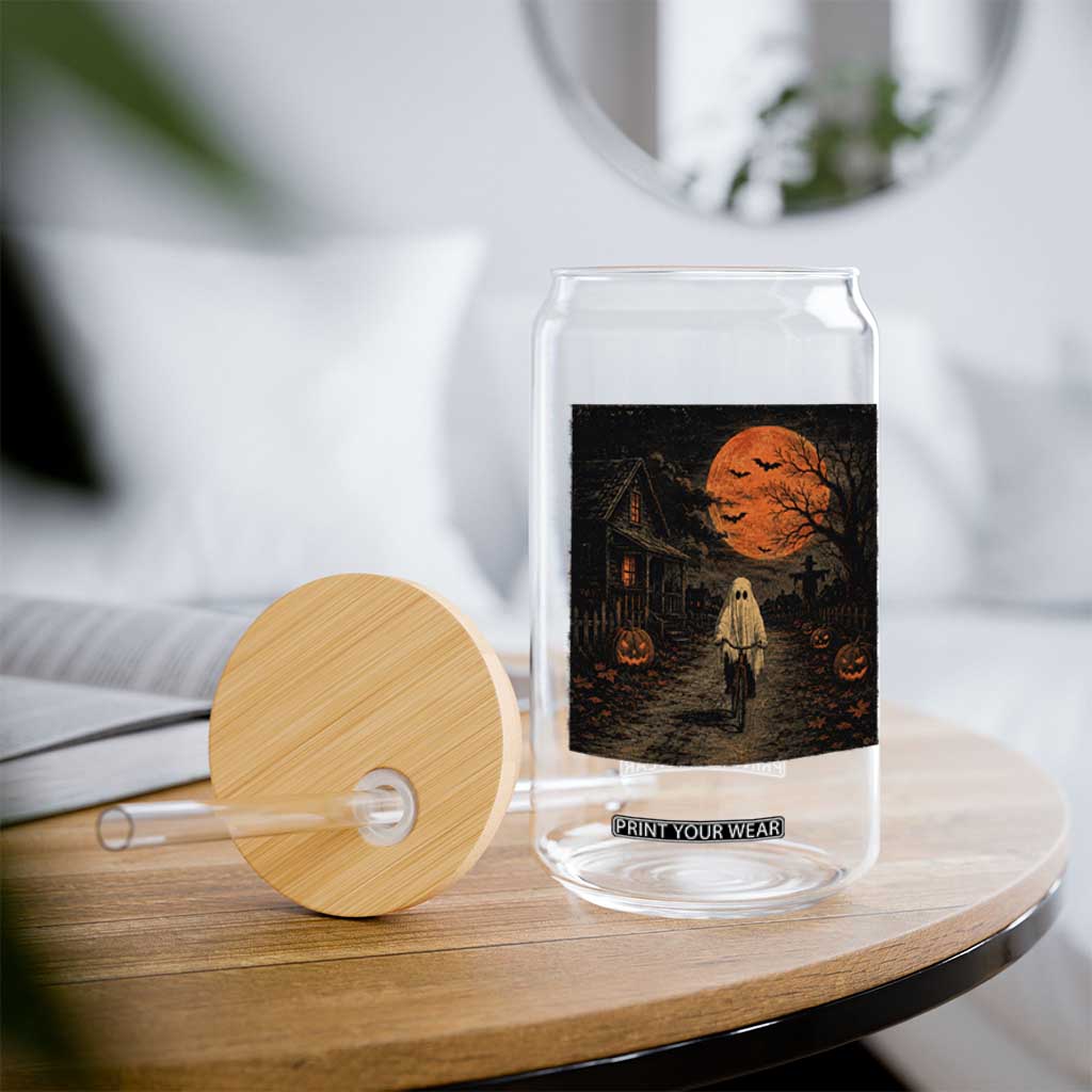 Halloween Spooky Ghost Biking Glass Can Vintage Ghost Riding Bicycle Gothic Moonlit Pumpkin Autumn Graphic