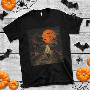 Halloween Spooky Ghost Biking T Shirt Vintage Ghost Riding Bicycle Gothic Moonlit Pumpkin Autumn Graphic