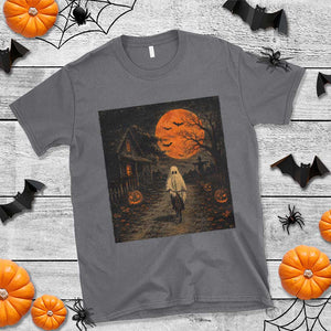 Halloween Spooky Ghost Biking T Shirt Vintage Ghost Riding Bicycle Gothic Moonlit Pumpkin Autumn Graphic
