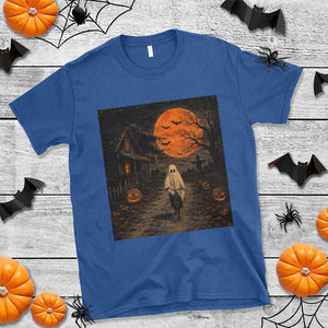 Halloween Spooky Ghost Biking T Shirt Vintage Ghost Riding Bicycle Gothic Moonlit Pumpkin Autumn Graphic
