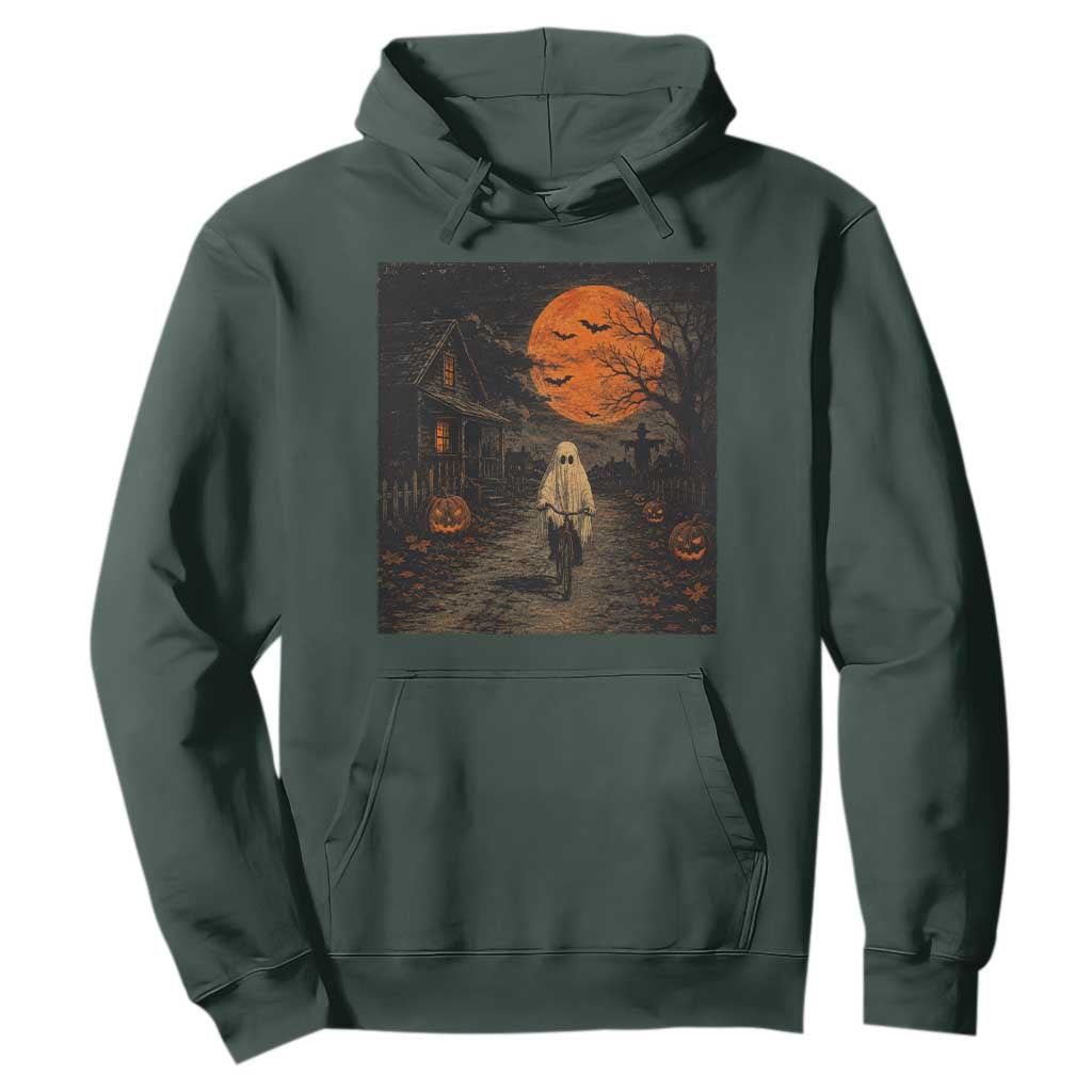 Halloween Spooky Ghost Biking Hoodie Vintage Ghost Riding Bicycle Gothic Moonlit Pumpkin Autumn Graphic