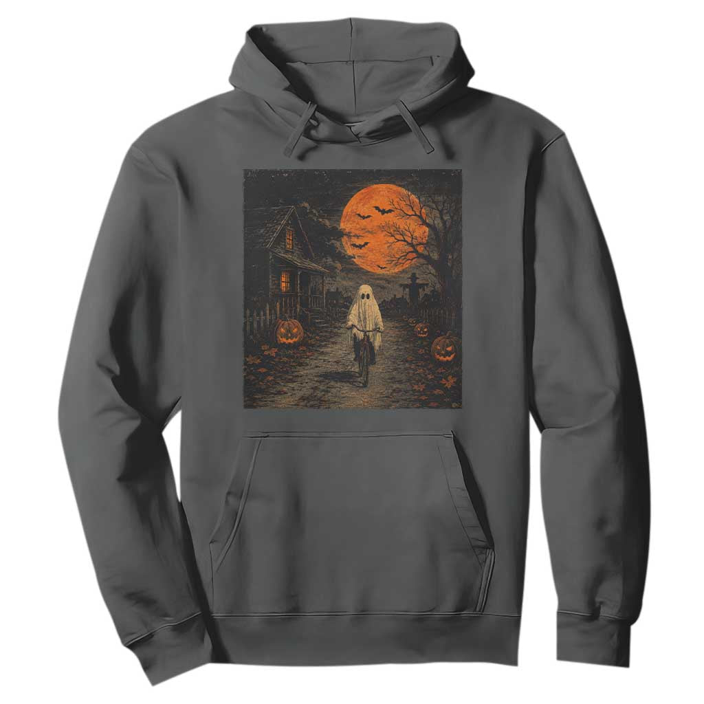 Halloween Spooky Ghost Biking Hoodie Vintage Ghost Riding Bicycle Gothic Moonlit Pumpkin Autumn Graphic