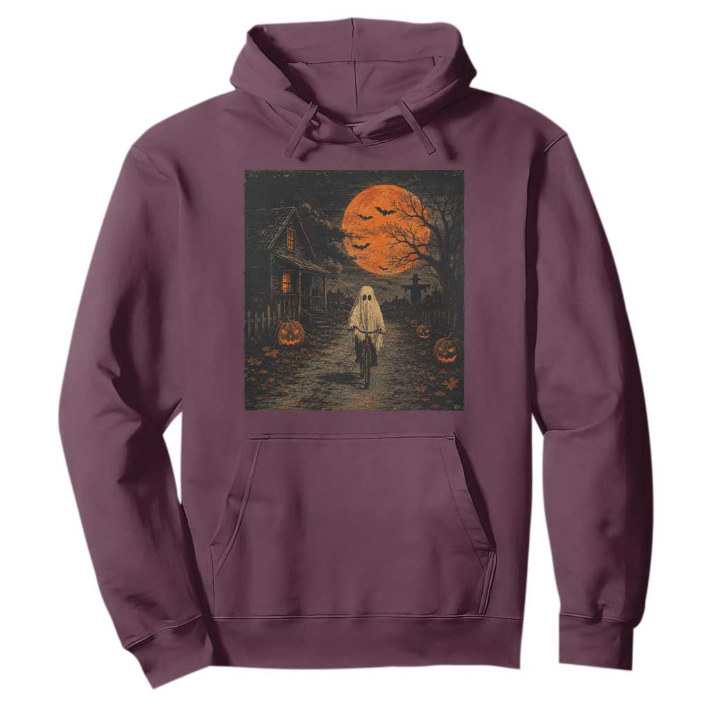 Halloween Spooky Ghost Biking Hoodie Vintage Ghost Riding Bicycle Gothic Moonlit Pumpkin Autumn Graphic