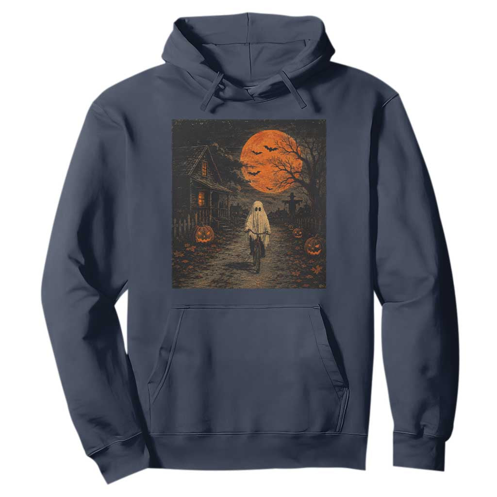 Halloween Spooky Ghost Biking Hoodie Vintage Ghost Riding Bicycle Gothic Moonlit Pumpkin Autumn Graphic