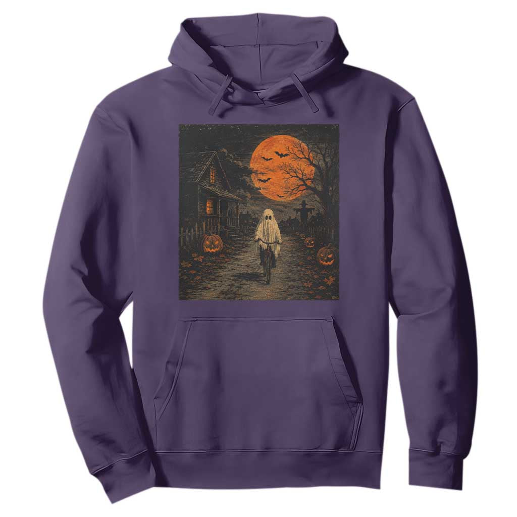 Halloween Spooky Ghost Biking Hoodie Vintage Ghost Riding Bicycle Gothic Moonlit Pumpkin Autumn Graphic