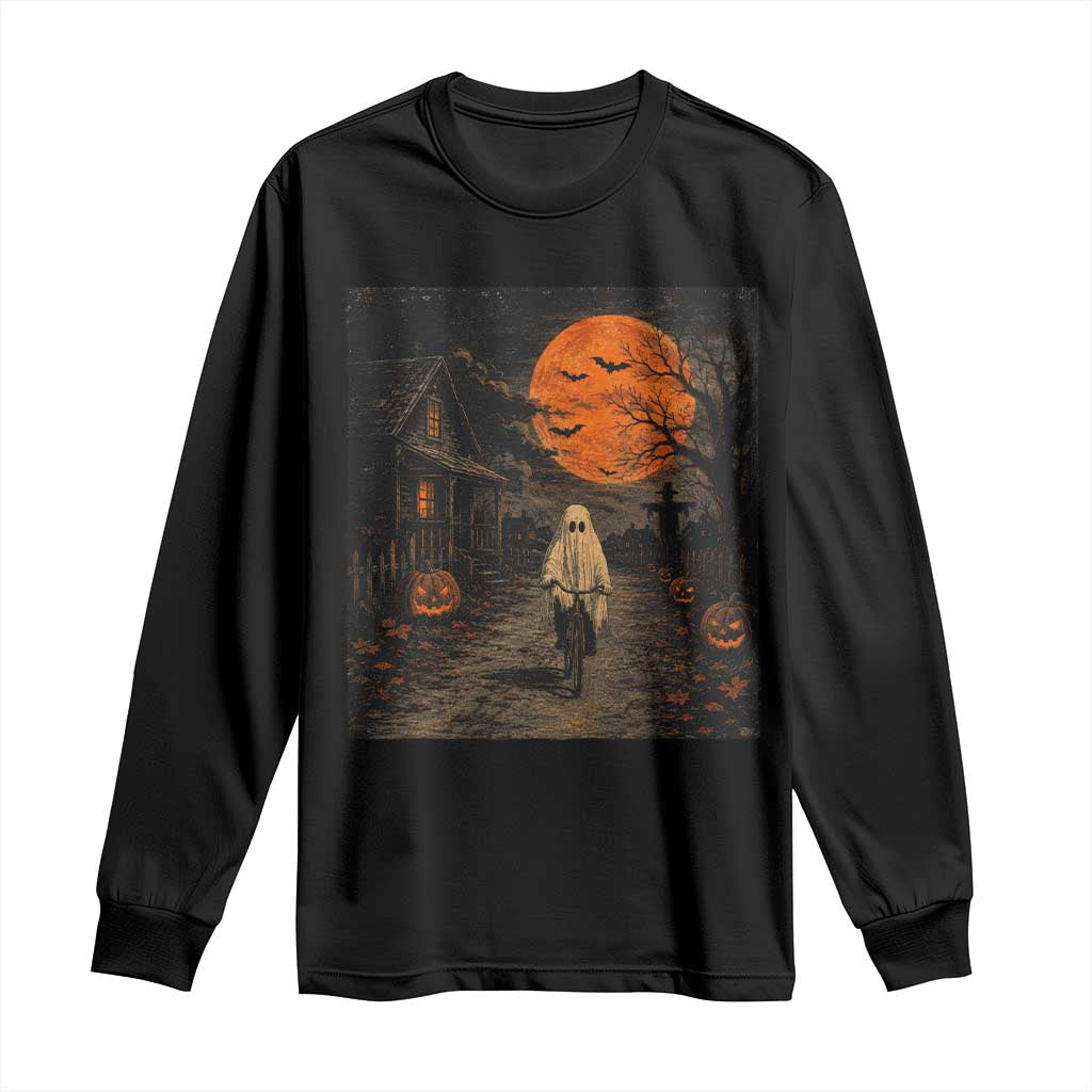 Halloween Spooky Ghost Biking Long Sleeve Shirt Vintage Ghost Riding Bicycle Gothic Moonlit Pumpkin Autumn Graphic TS10 Black Print Your Wear