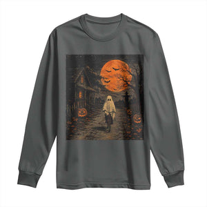 Halloween Spooky Ghost Biking Long Sleeve Shirt Vintage Ghost Riding Bicycle Gothic Moonlit Pumpkin Autumn Graphic