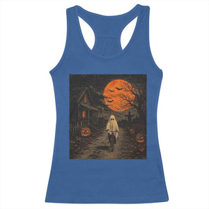 Halloween Spooky Ghost Biking Racerback Tank Top Vintage Ghost Riding Bicycle Gothic Moonlit Pumpkin Autumn Graphic