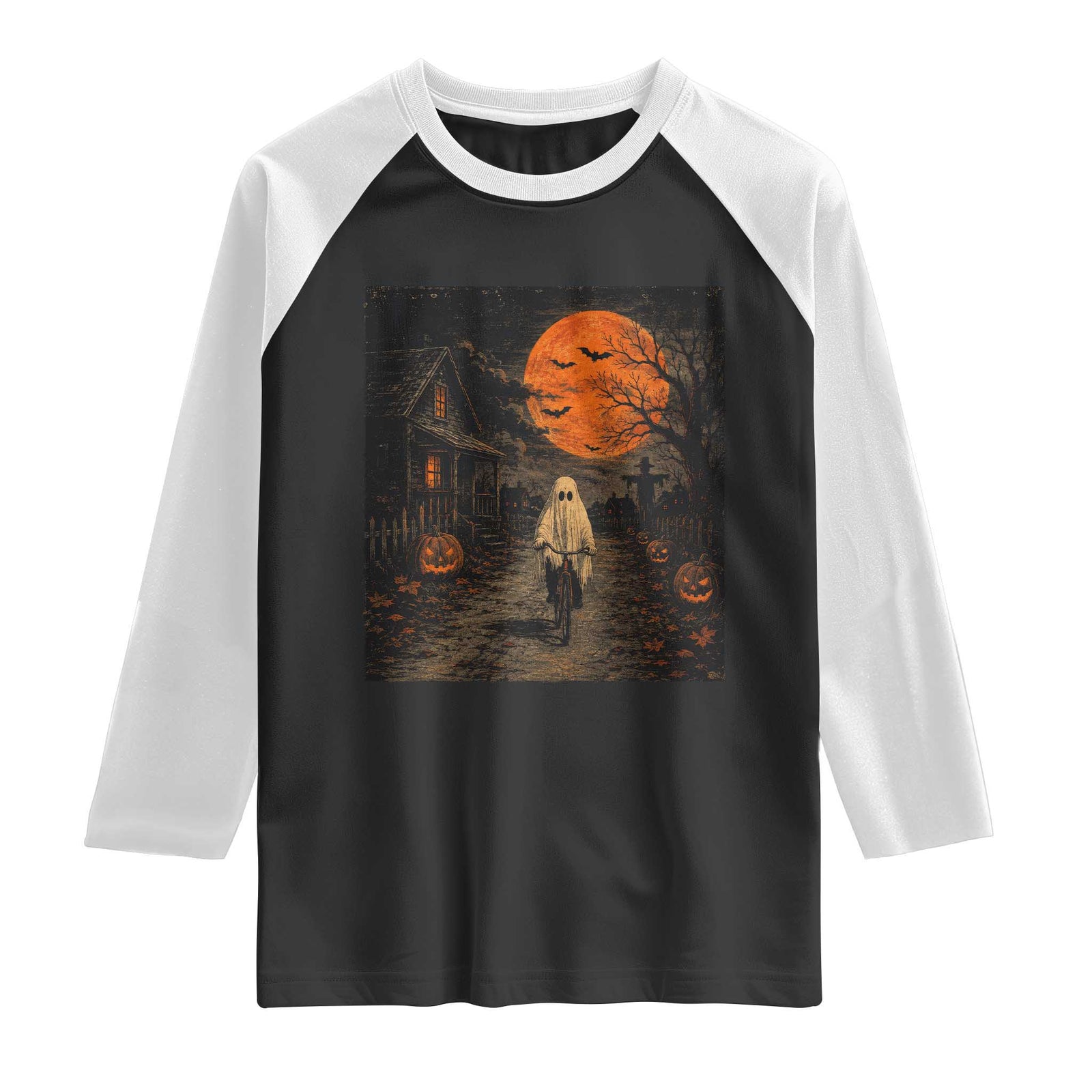 Halloween Spooky Ghost Biking Raglan Shirt Vintage Ghost Riding Bicycle Gothic Moonlit Pumpkin Autumn Graphic TS10 Black White Print Your Wear