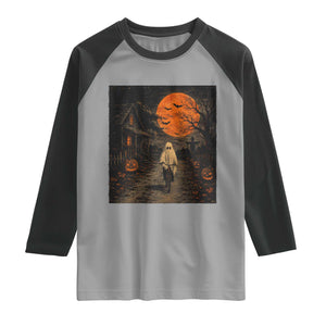 Halloween Spooky Ghost Biking Raglan Shirt Vintage Ghost Riding Bicycle Gothic Moonlit Pumpkin Autumn Graphic