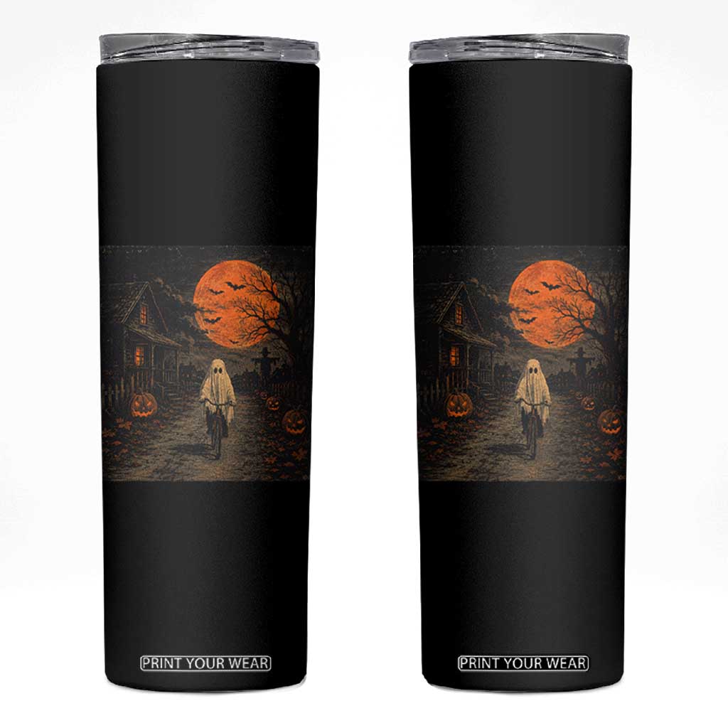 Halloween Spooky Ghost Biking Skinny Tumbler Vintage Ghost Riding Bicycle Gothic Moonlit Pumpkin Autumn Graphic