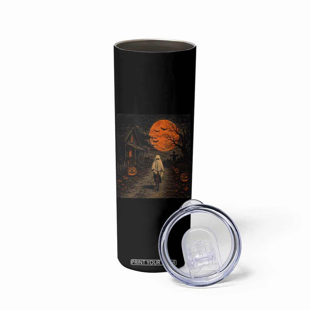 Halloween Spooky Ghost Biking Skinny Tumbler Vintage Ghost Riding Bicycle Gothic Moonlit Pumpkin Autumn Graphic