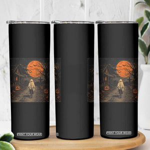 Halloween Spooky Ghost Biking Skinny Tumbler Vintage Ghost Riding Bicycle Gothic Moonlit Pumpkin Autumn Graphic