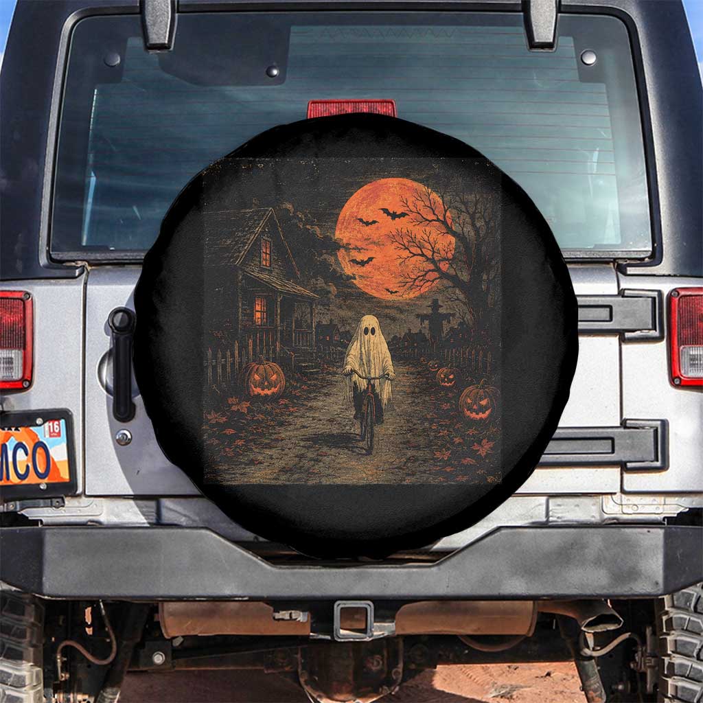Halloween Spooky Ghost Biking Spare Tire Cover Vintage Ghost Riding Bicycle Gothic Moonlit Pumpkin Autumn Graphic TS10 No hole Black Print Your Wear