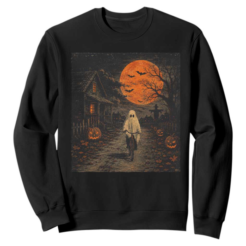 Halloween Spooky Ghost Biking Sweatshirt Vintage Ghost Riding Bicycle Gothic Moonlit Pumpkin Autumn Graphic
