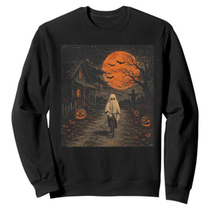 Halloween Spooky Ghost Biking Sweatshirt Vintage Ghost Riding Bicycle Gothic Moonlit Pumpkin Autumn Graphic