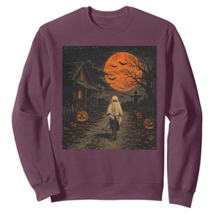 Halloween Spooky Ghost Biking Sweatshirt Vintage Ghost Riding Bicycle Gothic Moonlit Pumpkin Autumn Graphic