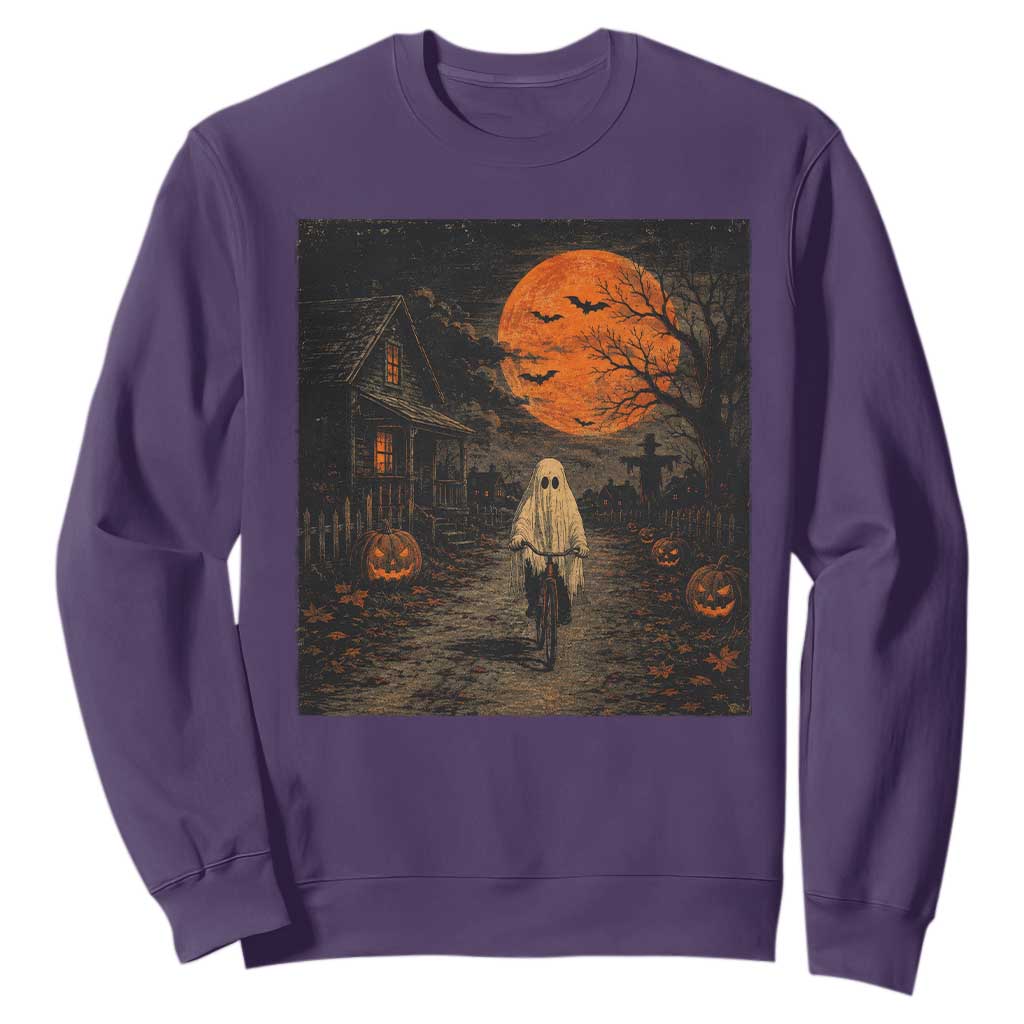 Halloween Spooky Ghost Biking Sweatshirt Vintage Ghost Riding Bicycle Gothic Moonlit Pumpkin Autumn Graphic