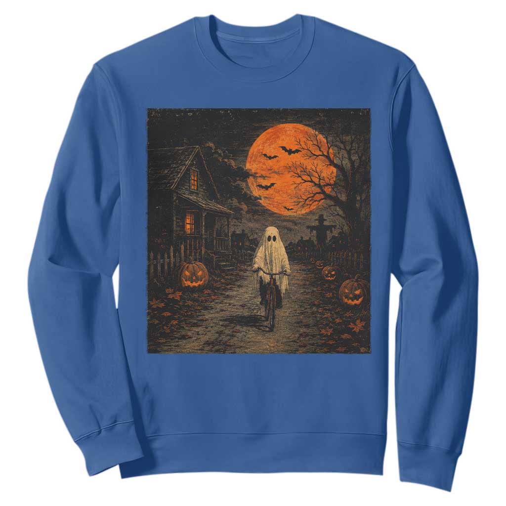 Halloween Spooky Ghost Biking Sweatshirt Vintage Ghost Riding Bicycle Gothic Moonlit Pumpkin Autumn Graphic