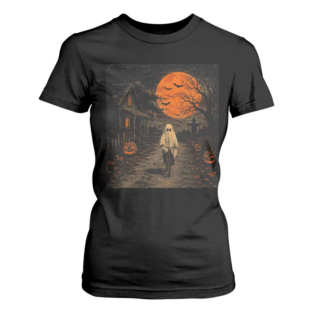 Halloween Spooky Ghost Biking T Shirt For Women Vintage Ghost Riding Bicycle Gothic Moonlit Pumpkin Autumn Graphic