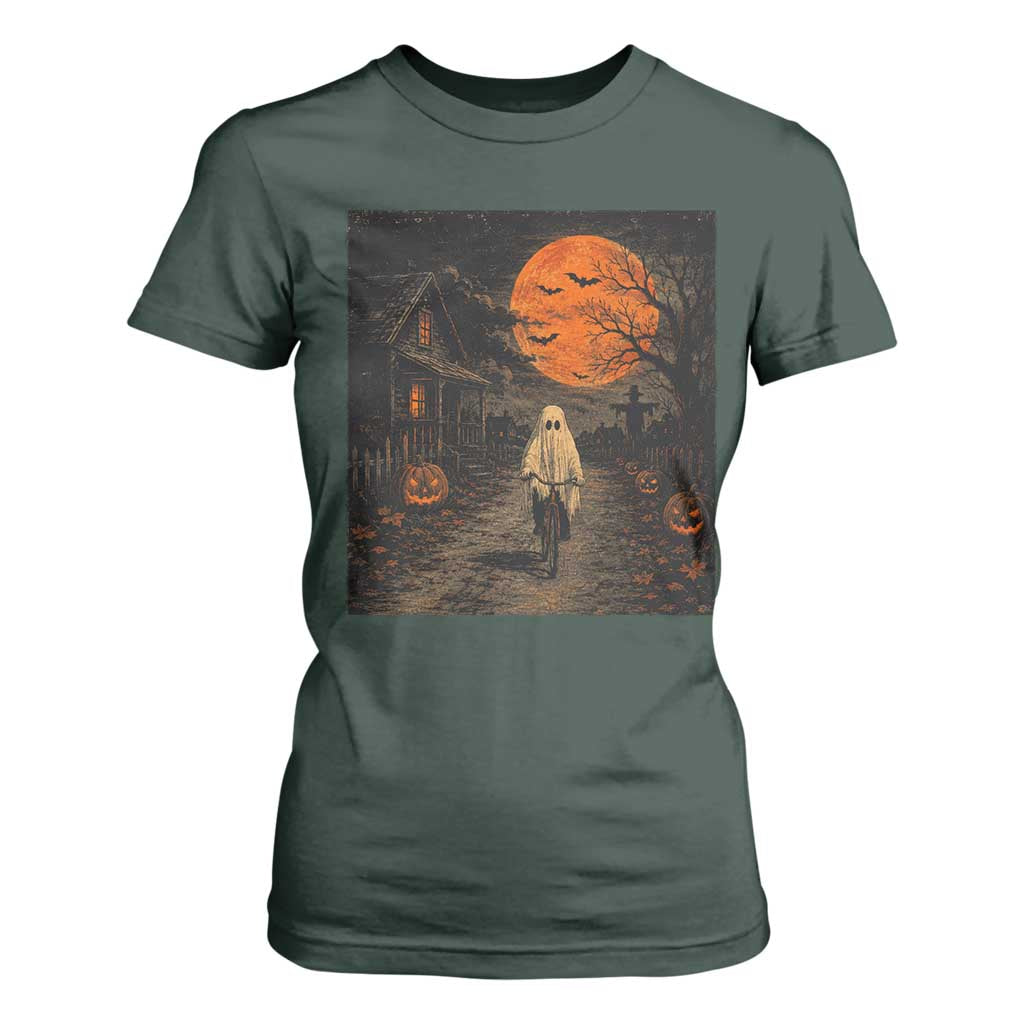 Halloween Spooky Ghost Biking T Shirt For Women Vintage Ghost Riding Bicycle Gothic Moonlit Pumpkin Autumn Graphic