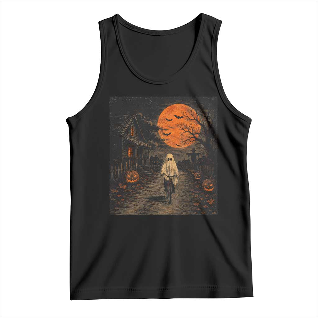 Halloween Spooky Ghost Biking Tank Top Vintage Ghost Riding Bicycle Gothic Moonlit Pumpkin Autumn Graphic TS10 Black Print Your Wear
