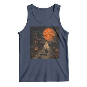 Halloween Spooky Ghost Biking Tank Top Vintage Ghost Riding Bicycle Gothic Moonlit Pumpkin Autumn Graphic