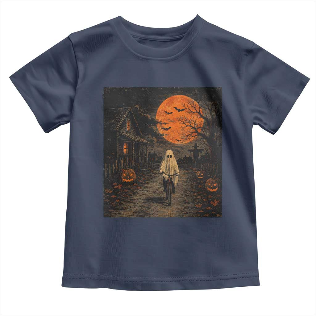 Halloween Spooky Ghost Biking Toddler T Shirt Vintage Ghost Riding Bicycle Gothic Moonlit Pumpkin Autumn Graphic