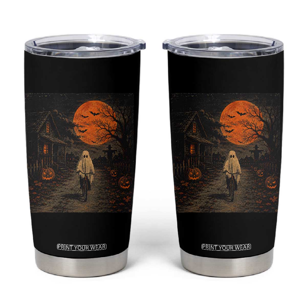Halloween Spooky Ghost Biking Tumbler Cup Vintage Ghost Riding Bicycle Gothic Moonlit Pumpkin Autumn Graphic