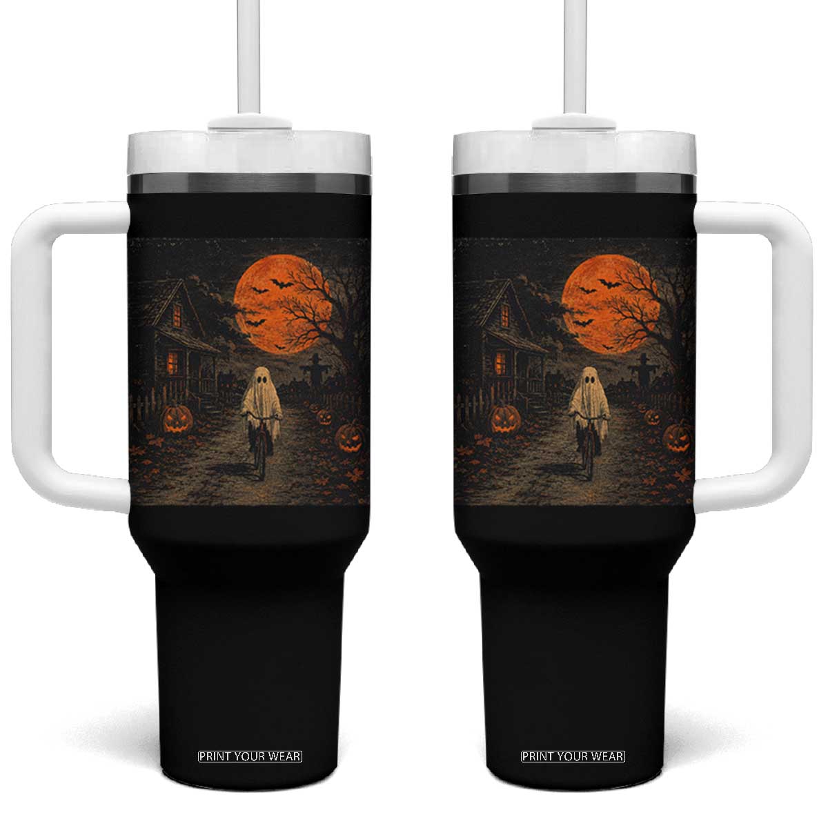 Halloween Spooky Ghost Biking Tumbler With Handle Vintage Ghost Riding Bicycle Gothic Moonlit Pumpkin Autumn Graphic TS10 One Size: 40 oz Black Print Your Wear