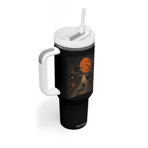 Halloween Spooky Ghost Biking Tumbler With Handle Vintage Ghost Riding Bicycle Gothic Moonlit Pumpkin Autumn Graphic