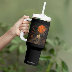 Halloween Spooky Ghost Biking Tumbler With Handle Vintage Ghost Riding Bicycle Gothic Moonlit Pumpkin Autumn Graphic