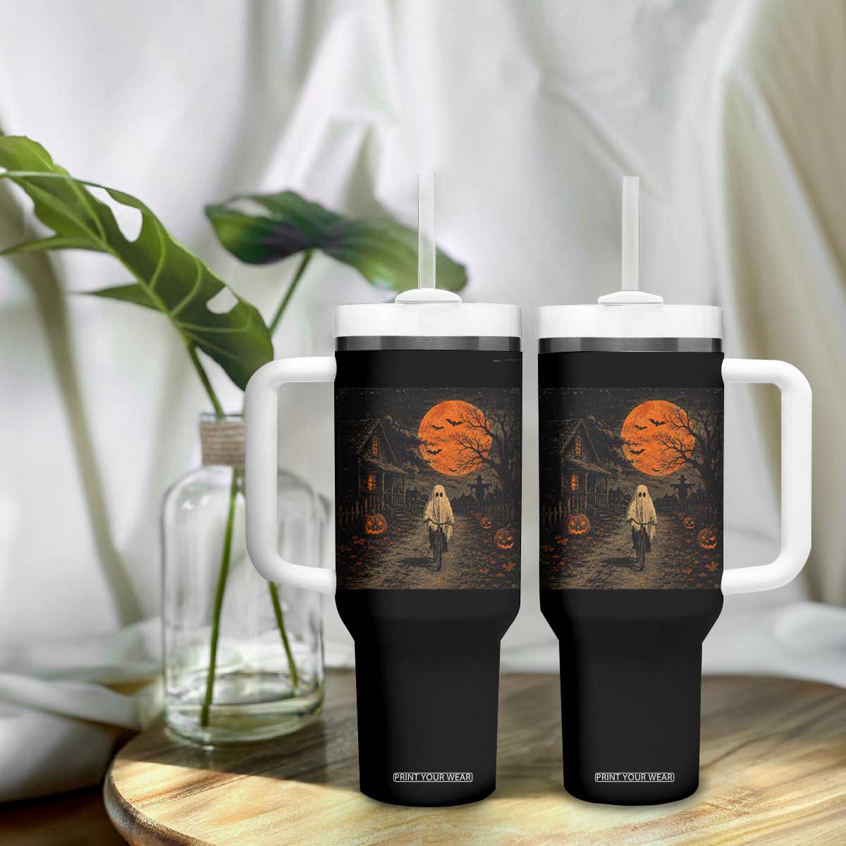 Halloween Spooky Ghost Biking Tumbler With Handle Vintage Ghost Riding Bicycle Gothic Moonlit Pumpkin Autumn Graphic
