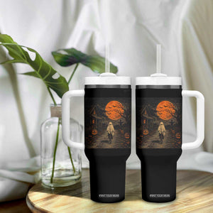 Halloween Spooky Ghost Biking Tumbler With Handle Vintage Ghost Riding Bicycle Gothic Moonlit Pumpkin Autumn Graphic