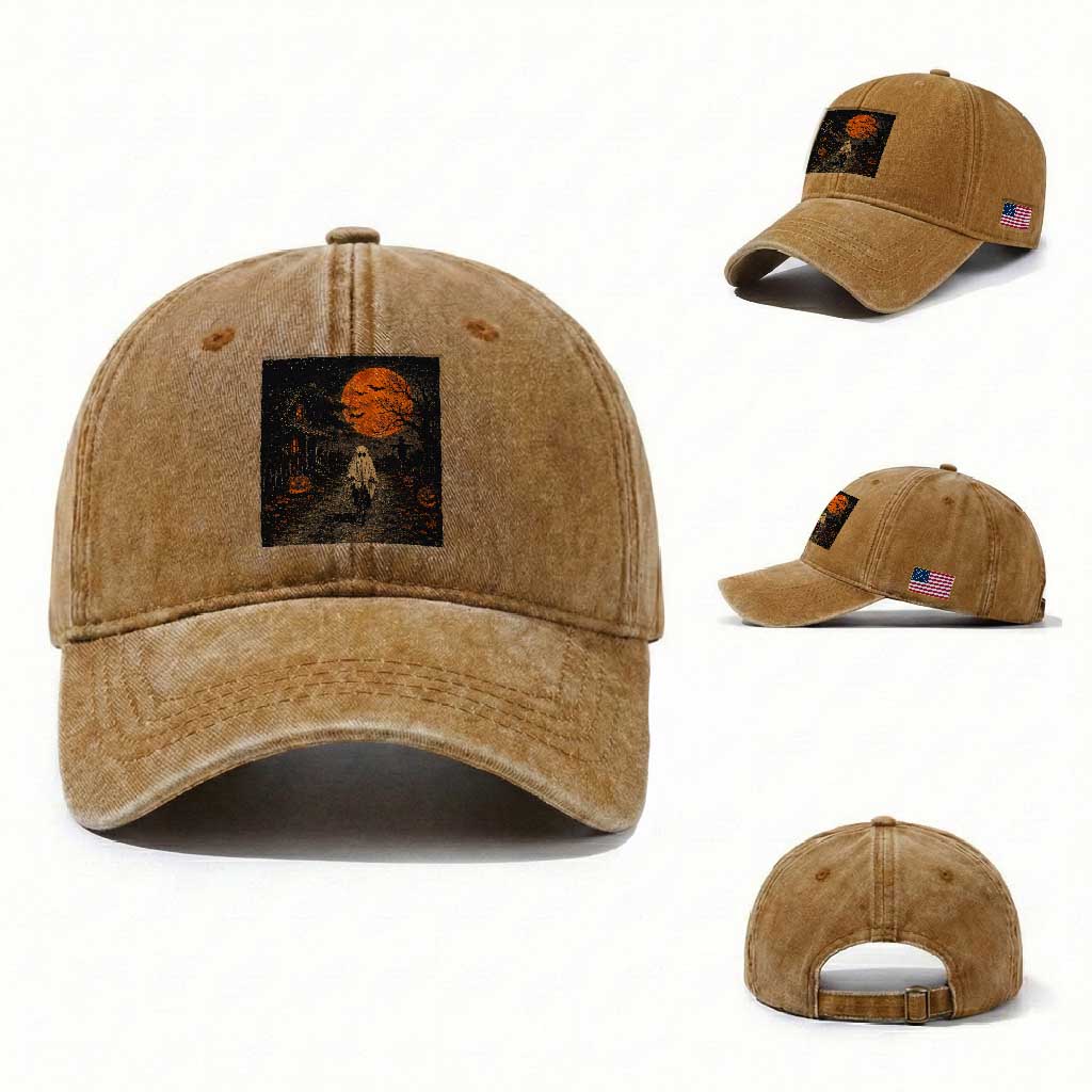 Halloween Spooky Ghost Biking Washed Cotton Baseball Cap Vintage Ghost Riding Bicycle Gothic Moonlit Pumpkin Autumn Graphic