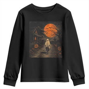 Halloween Spooky Ghost Biking Youth Sweatshirt Vintage Ghost Riding Bicycle Gothic Moonlit Pumpkin Autumn Graphic