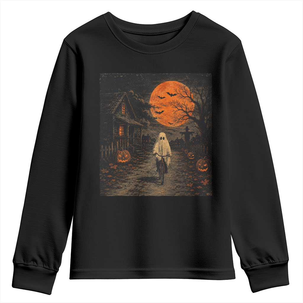 Halloween Spooky Ghost Biking Youth Sweatshirt Vintage Ghost Riding Bicycle Gothic Moonlit Pumpkin Autumn Graphic TS10 Black Print Your Wear