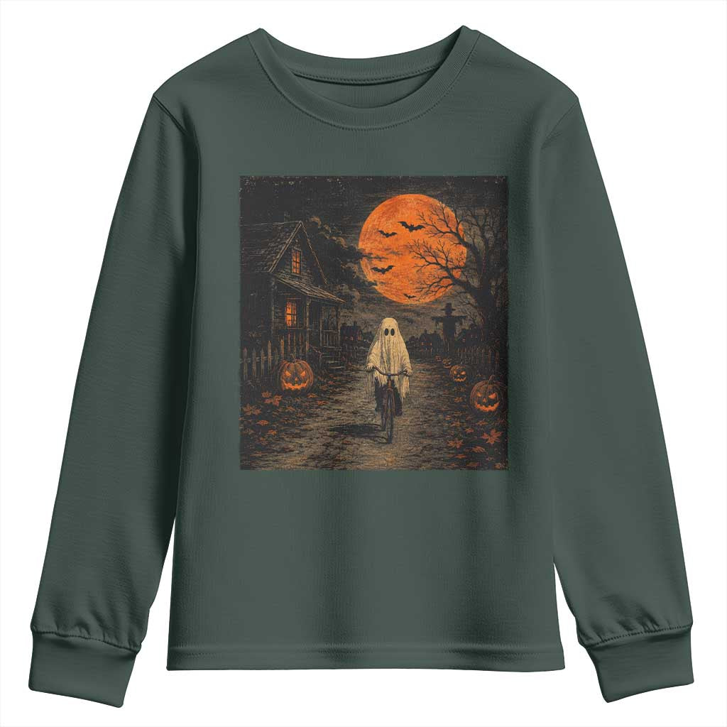 Halloween Spooky Ghost Biking Youth Sweatshirt Vintage Ghost Riding Bicycle Gothic Moonlit Pumpkin Autumn Graphic