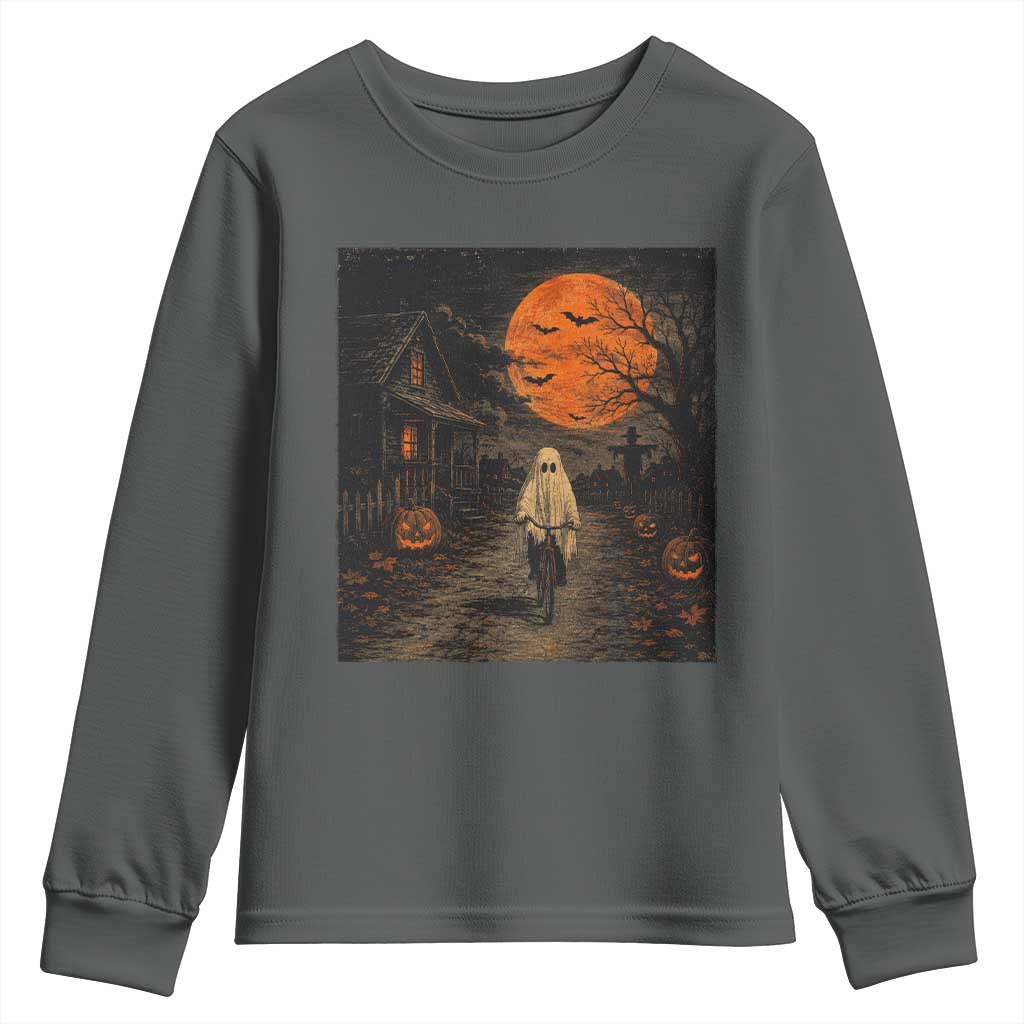 Halloween Spooky Ghost Biking Youth Sweatshirt Vintage Ghost Riding Bicycle Gothic Moonlit Pumpkin Autumn Graphic