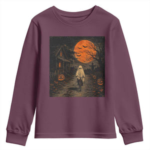 Halloween Spooky Ghost Biking Youth Sweatshirt Vintage Ghost Riding Bicycle Gothic Moonlit Pumpkin Autumn Graphic
