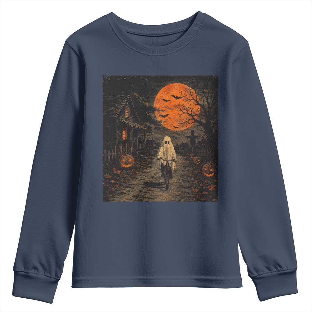 Halloween Spooky Ghost Biking Youth Sweatshirt Vintage Ghost Riding Bicycle Gothic Moonlit Pumpkin Autumn Graphic